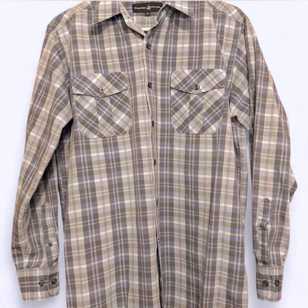 Beverly Hills Polo Club Men's Plaid Shirt in Gray and Cream